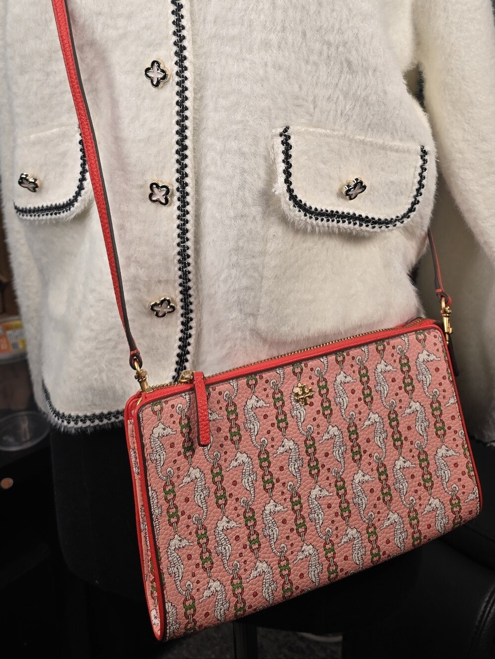 Tory Burch Coral Pink Seahorse Print Crossbody Bag
